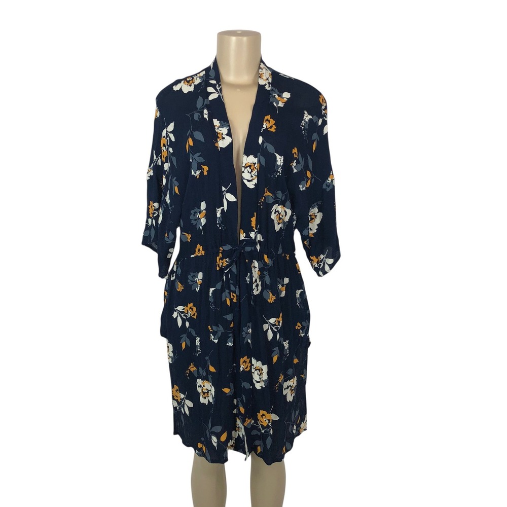 Maurices Navy Blue Floral Print Kimono Cardigan Size S/M Tie Waist Boho Beachy